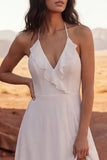 Halter Ivory A Line Ruffled Long Wedding Dress with Slit