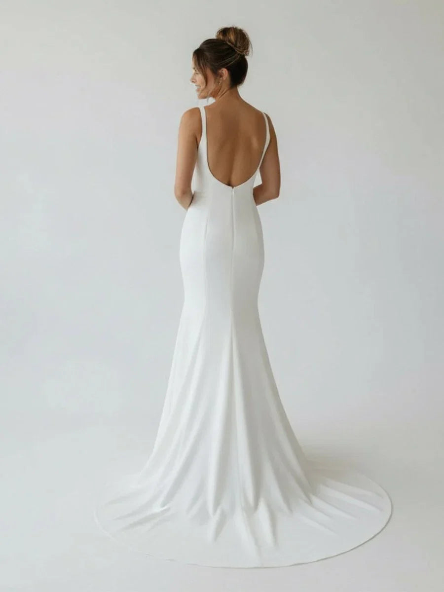 Simple Mermaid Scoop Neck Backless Satin Wedding Dresses