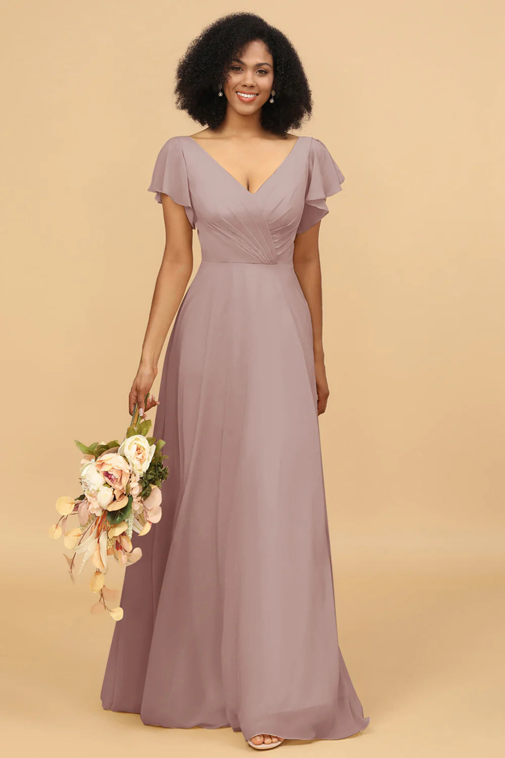 V Neck Cape Long Floor Length Chiffon Bridesmaid Dress