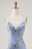 Floral Blue Short Tight Homecoming Dress with Appliques