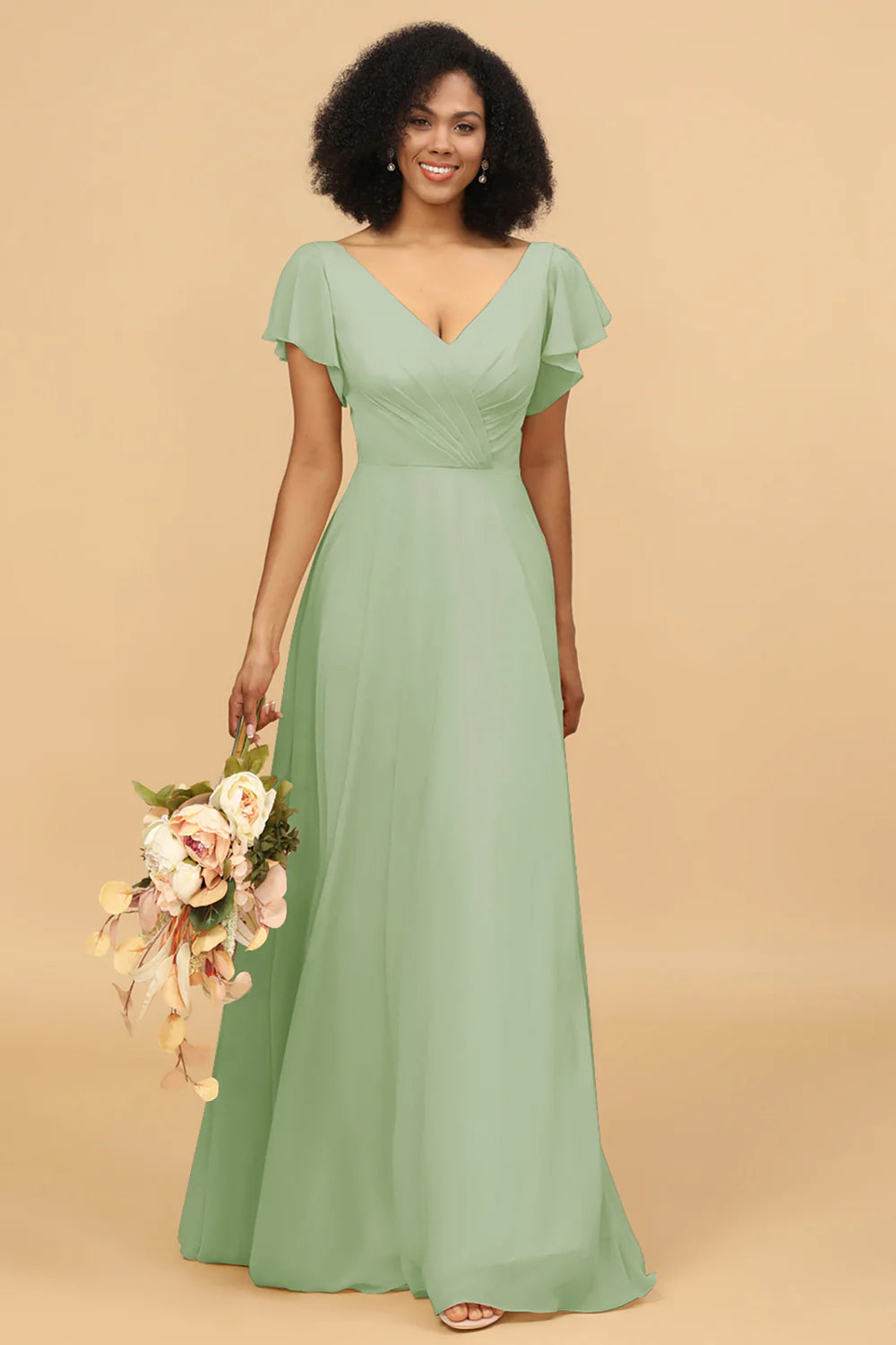 V Neck Cape Long Floor Length Chiffon Bridesmaid Dress