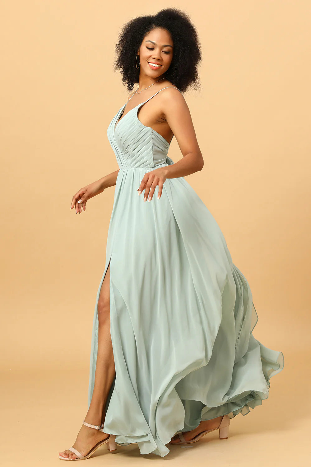 Light Green Ruched Long Chiffon Bridesmaid Dress with Slit