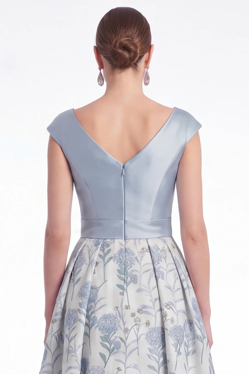 Blue Flower A Line V Neck Ruched Mother of the Bride Dress with Cap Sleeves