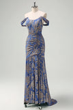 Grey Blue Mermaid Off The Shoulder Ruched Burnout Velvet Maxi Bridesmaid Dress