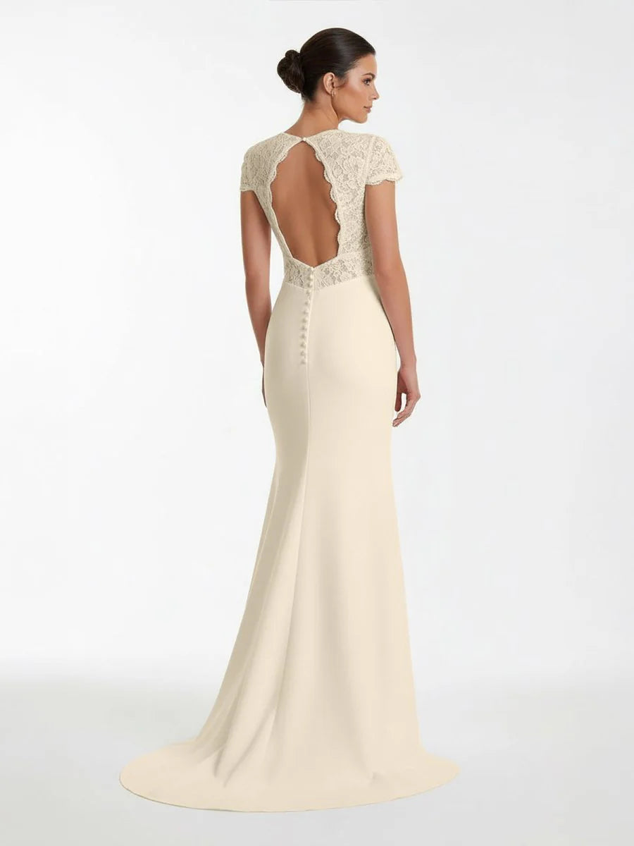 Modest Simple Sheath Short Sleeve Empire Floor Length Sweep Train Chiffon V neck Wedding Dress