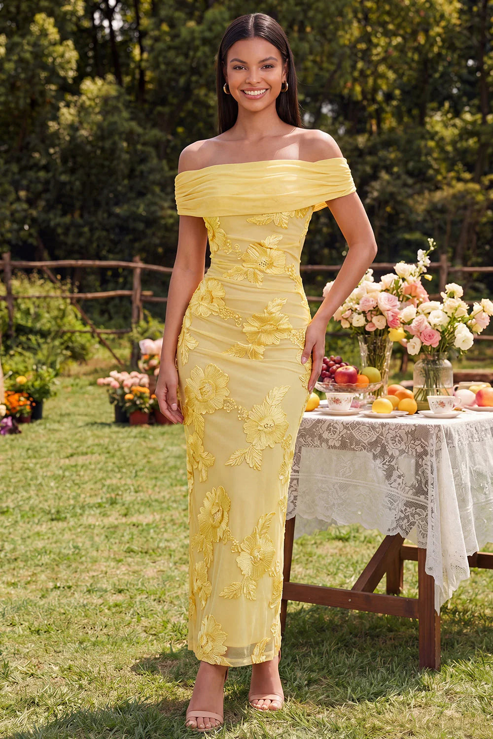 Blue Off the Shoulder Mermaid Floral Wedding Guest Dress