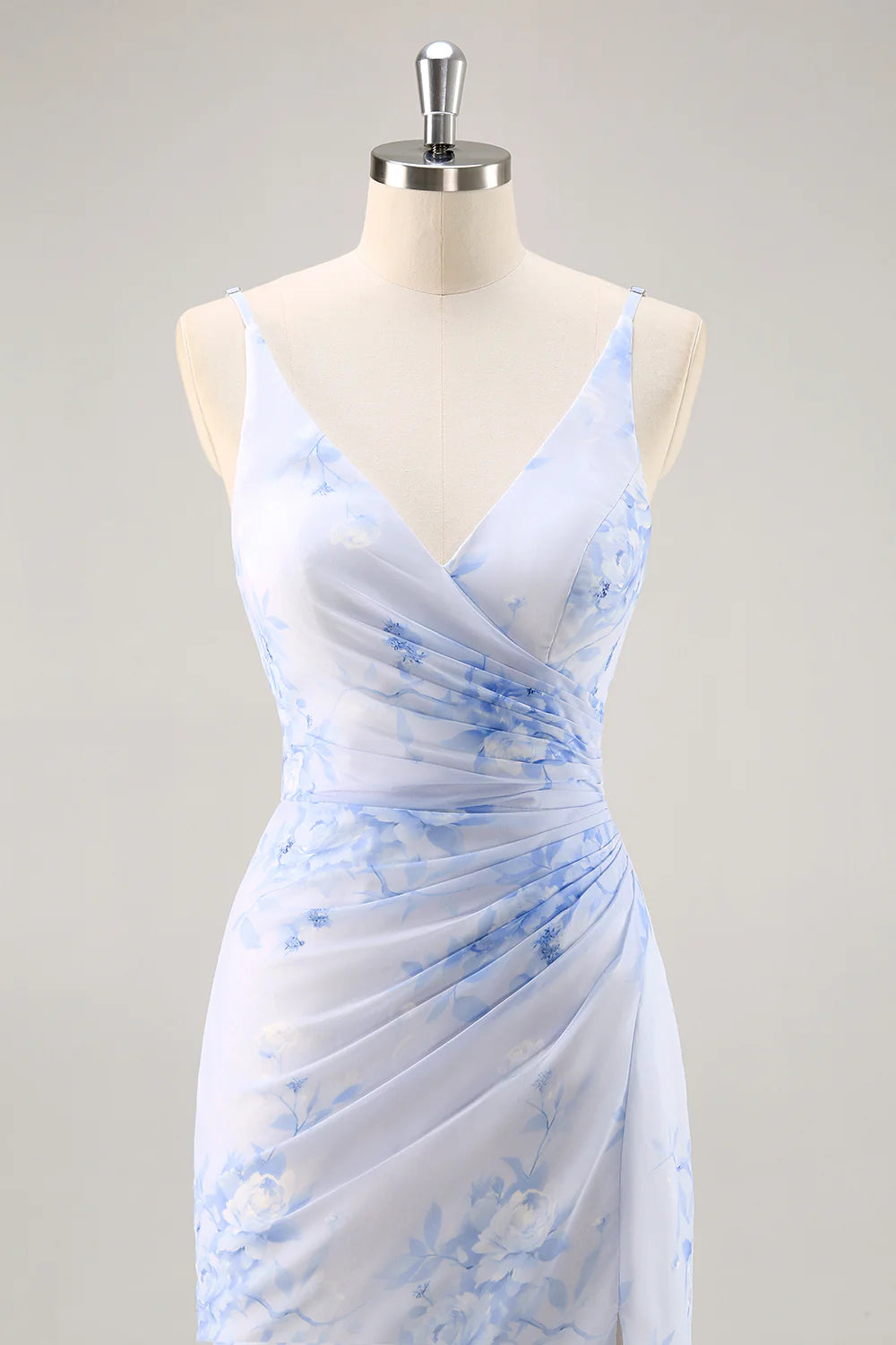 Blue Flower Sheath V Neck Ruched Long Bridesmaid Dress with Slit