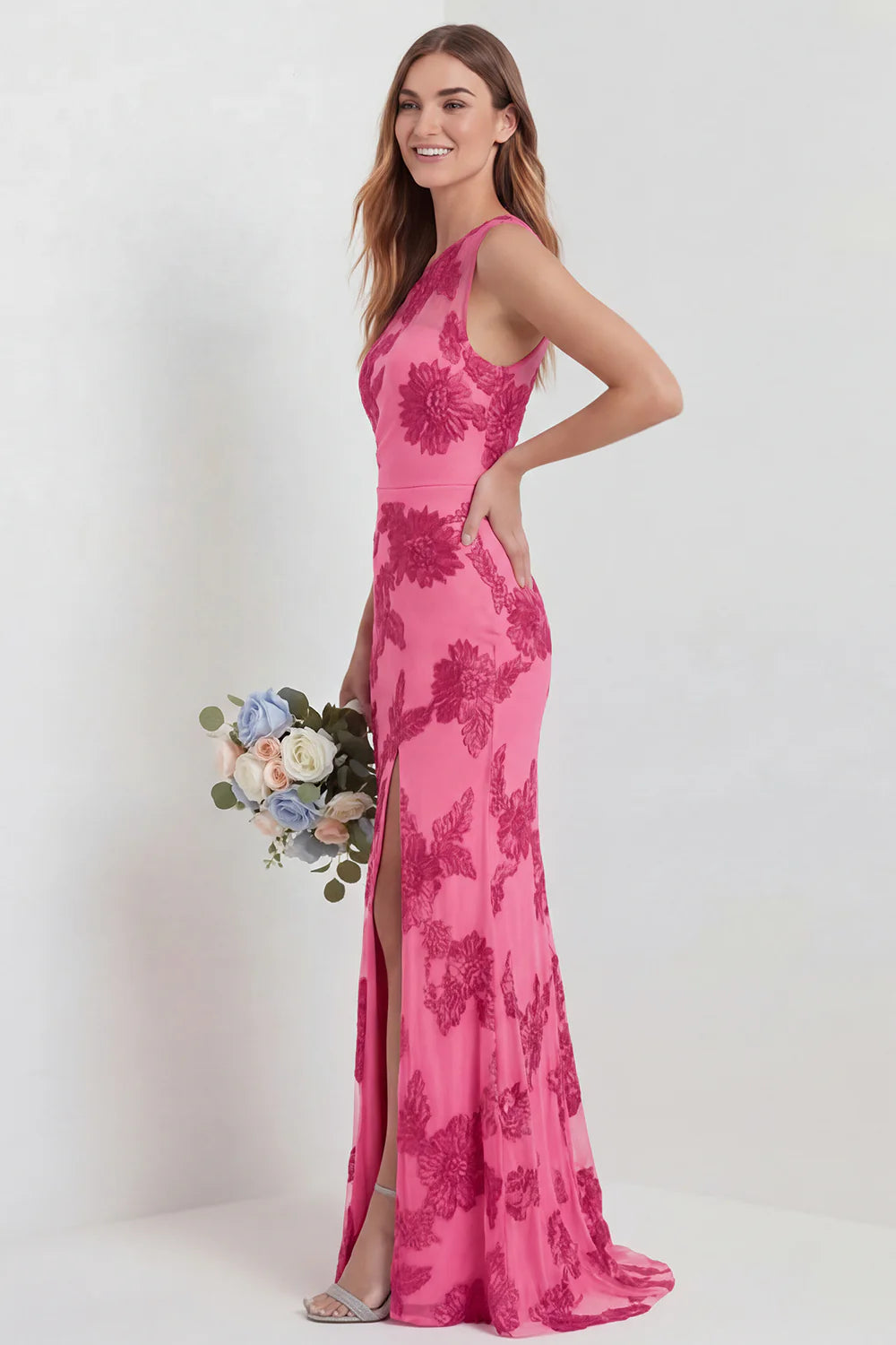 Hot Pink One Shoulder Embroidered Mermaid Long Bridesmaid Dress with Slit