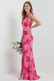 Hot Pink One Shoulder Embroidered Mermaid Long Bridesmaid Dress with Slit