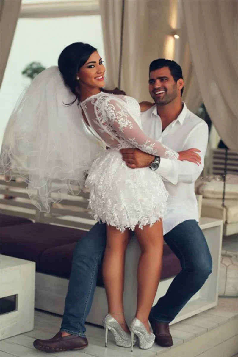 A Line Illusion Neck Lace Applique Long Sleeves Short Mini Wedding Dresses