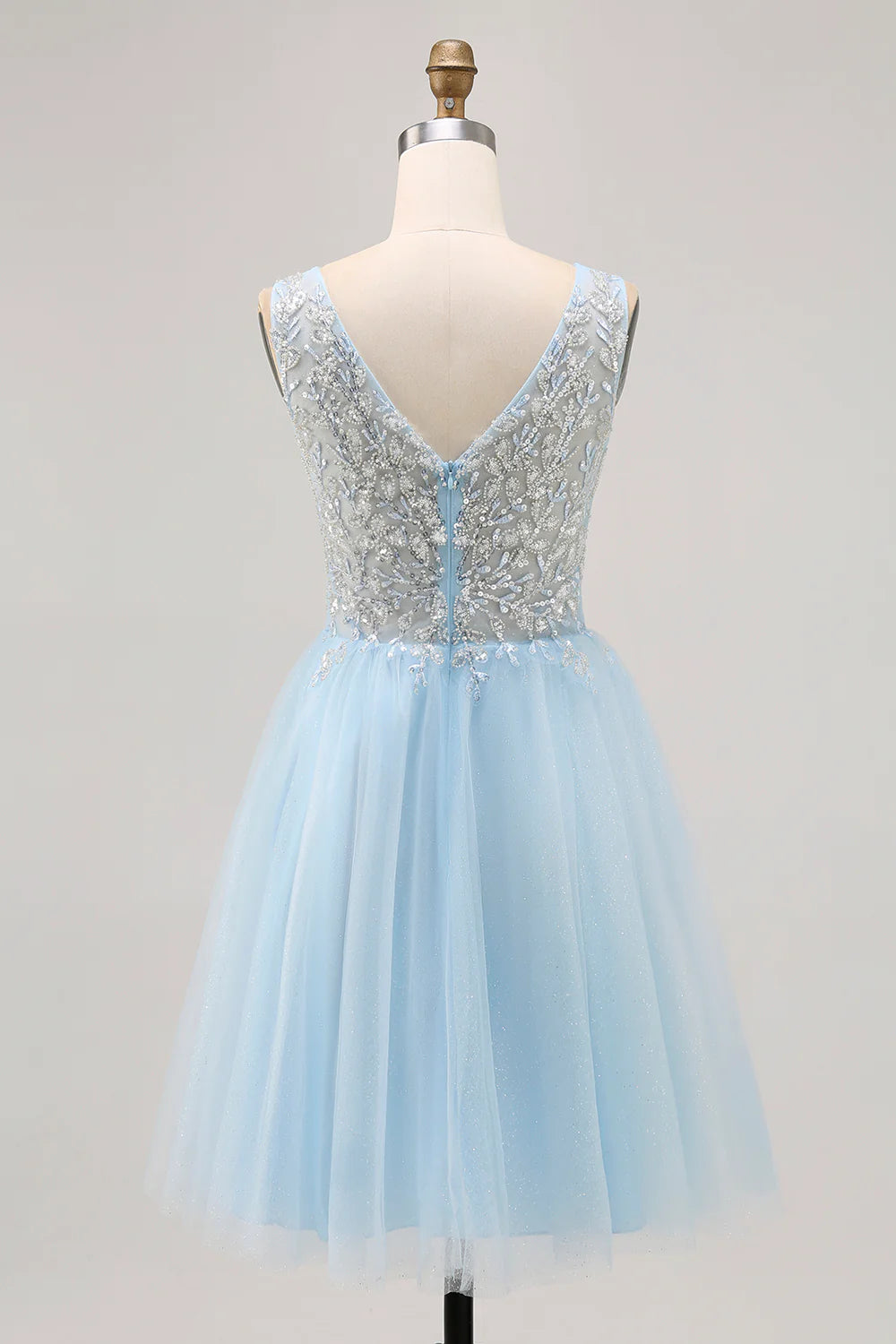 Blue A Line V Neck Floral Appliqued Short Homecoming Dress