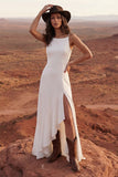 Ivory Ruffled A Line Simple Wedding Dress with Slit
