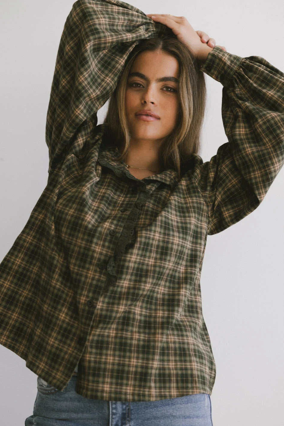 Rue Plaid Button Up in Hunter Green FINAL SALE