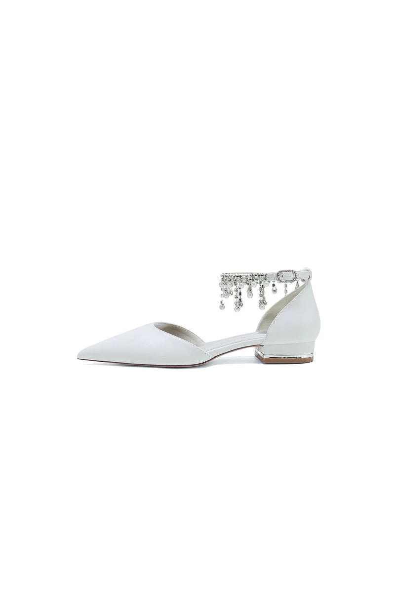 White Pearl Beaded Ankle Strap Pointed Toe Low Heels