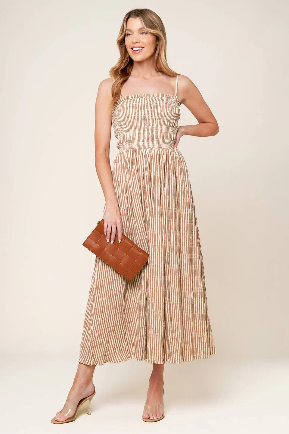 VALHALLA BROWN STRIPED MIDI DRESS