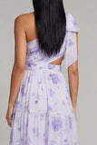 One Shoulder Bowed Cut Out Floral A Line Lilac Wedding Guest Dress