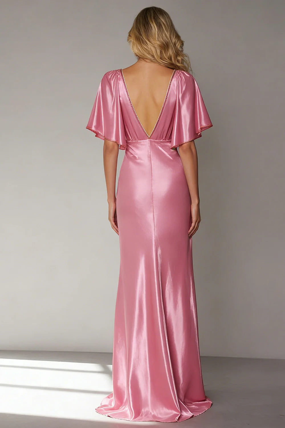 Pink Mermaid V Neck Satin Long Formal Dress with Sleeves