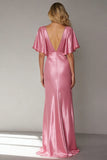Pink Mermaid V Neck Satin Long Formal Dress with Sleeves