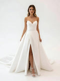 White Satin Long A Line Wedding Dress with Slit