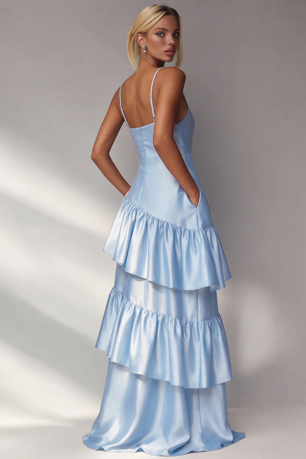 Light Blue A Line Tiered Ruffle Spaghetti Straps Long Formal Dress