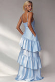 Light Blue A Line Tiered Ruffle Spaghetti Straps Long Formal Dress