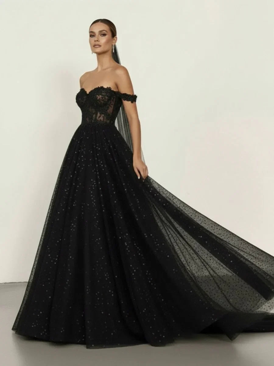 A Line Black Gothic Wedding Dresses with Sequin Lace Appliques
