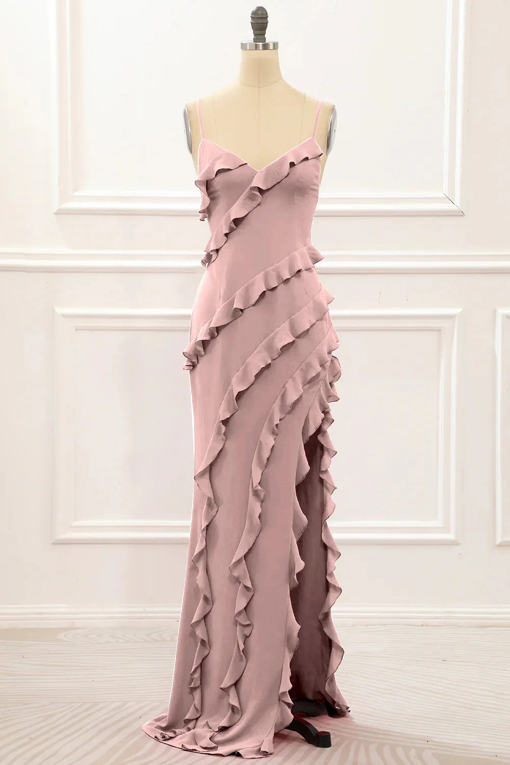 Spaghetti Straps Jade Tiered Mermaid Bridesmaid Dress With Slit