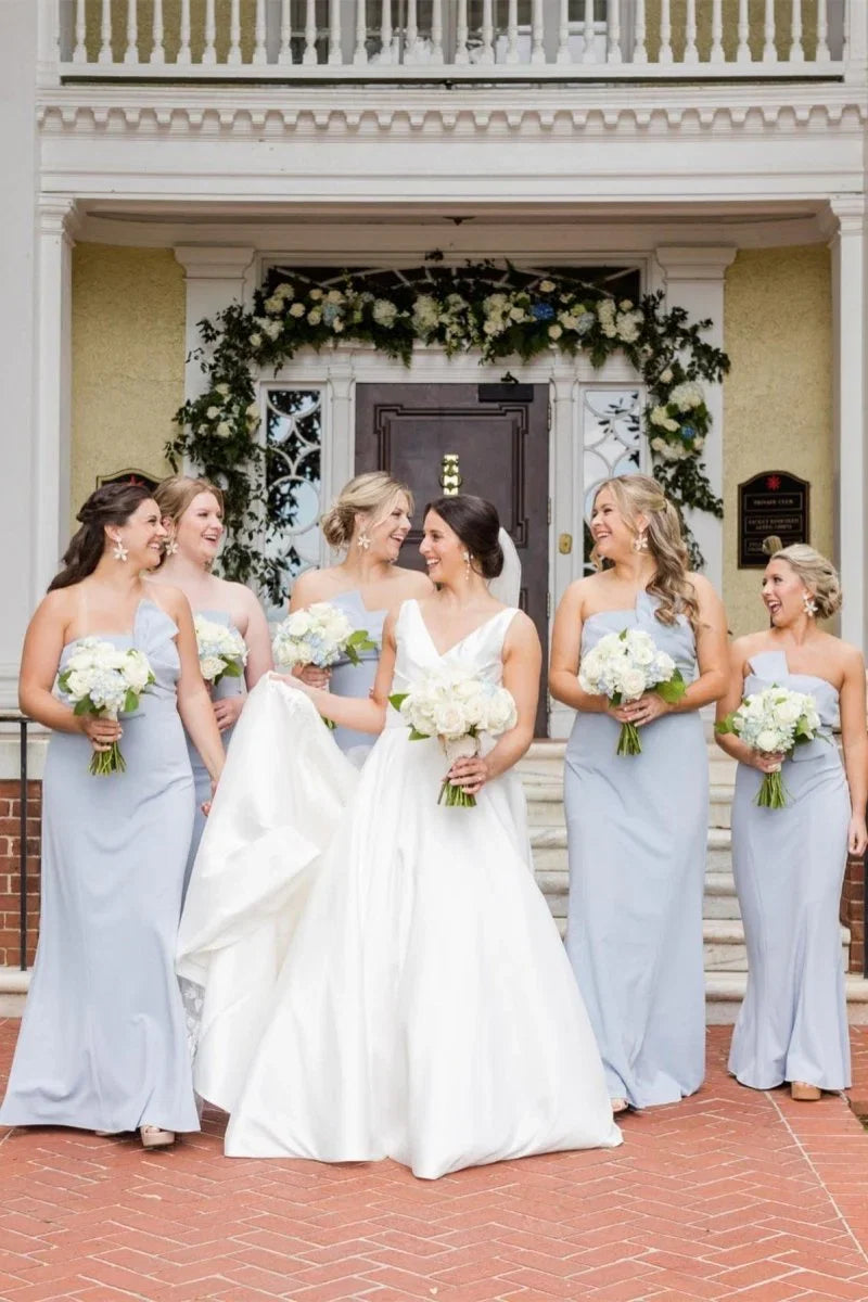 Strapless Tie Front Sky Blue Sheath Long Bridesmaid Dress