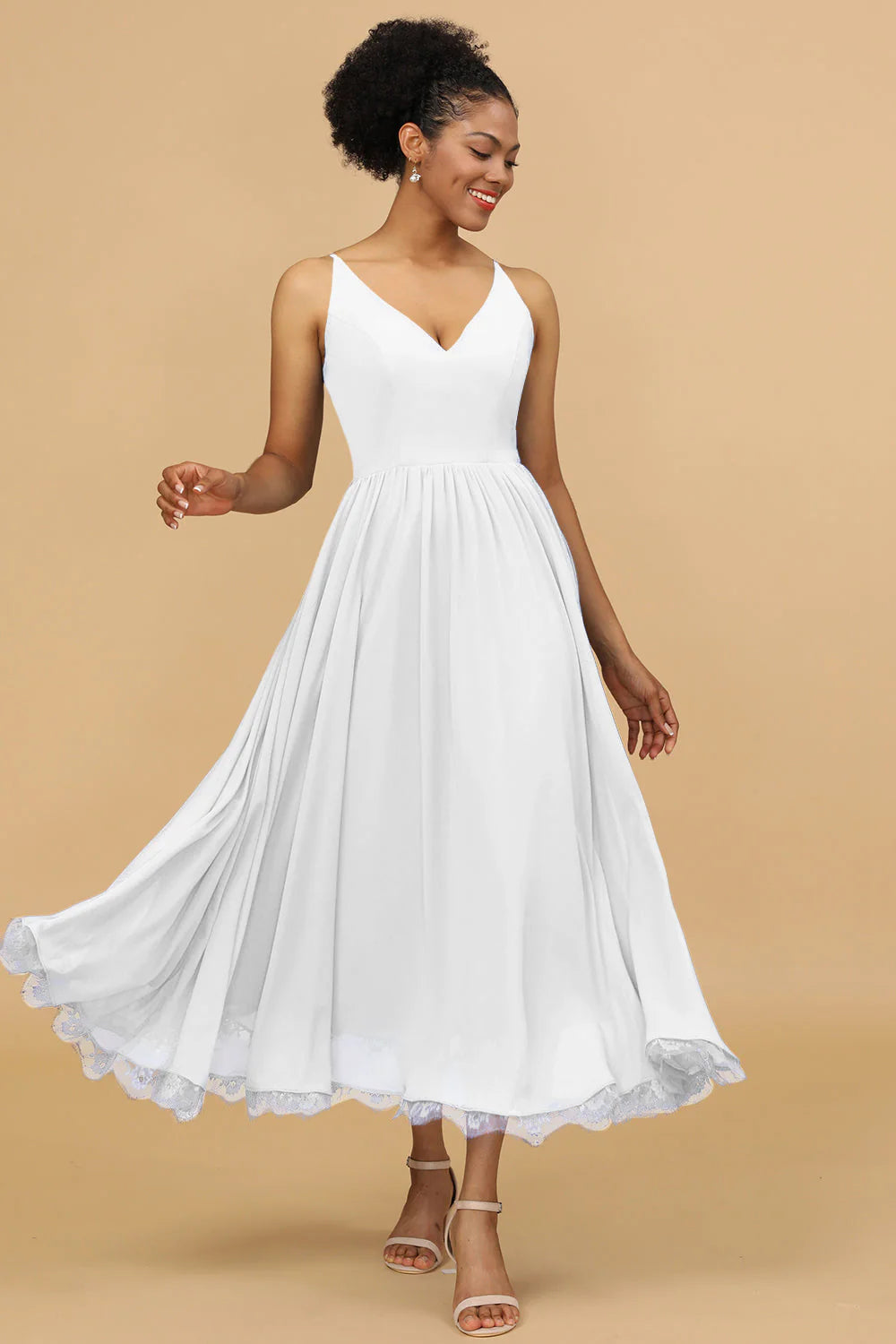 A Line Spaghetti Straps Long Chiffon Bridesmaid Dress with Ruffles