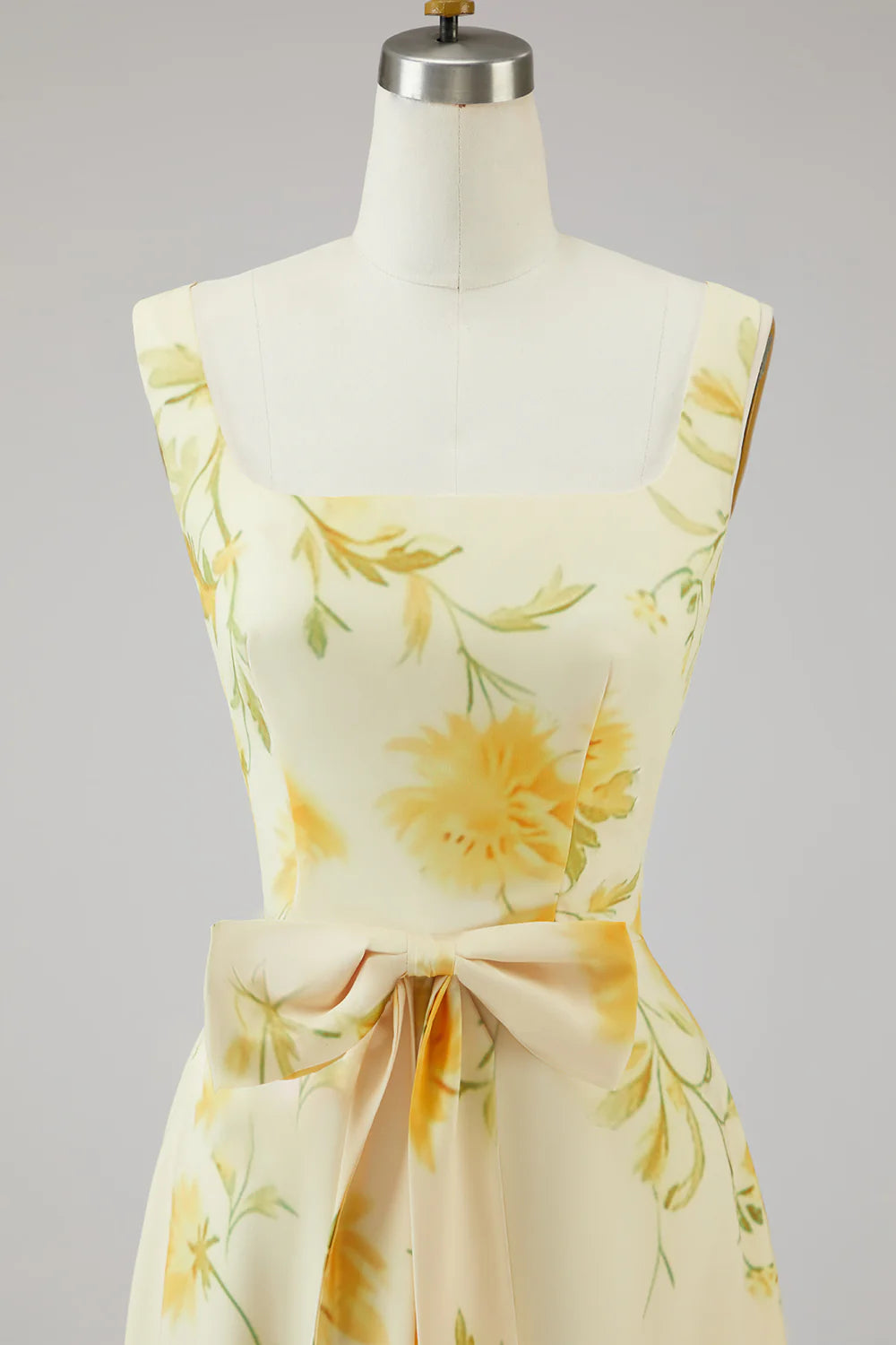 Yellow A Line Floral Bridesmaid Dress with Bow
