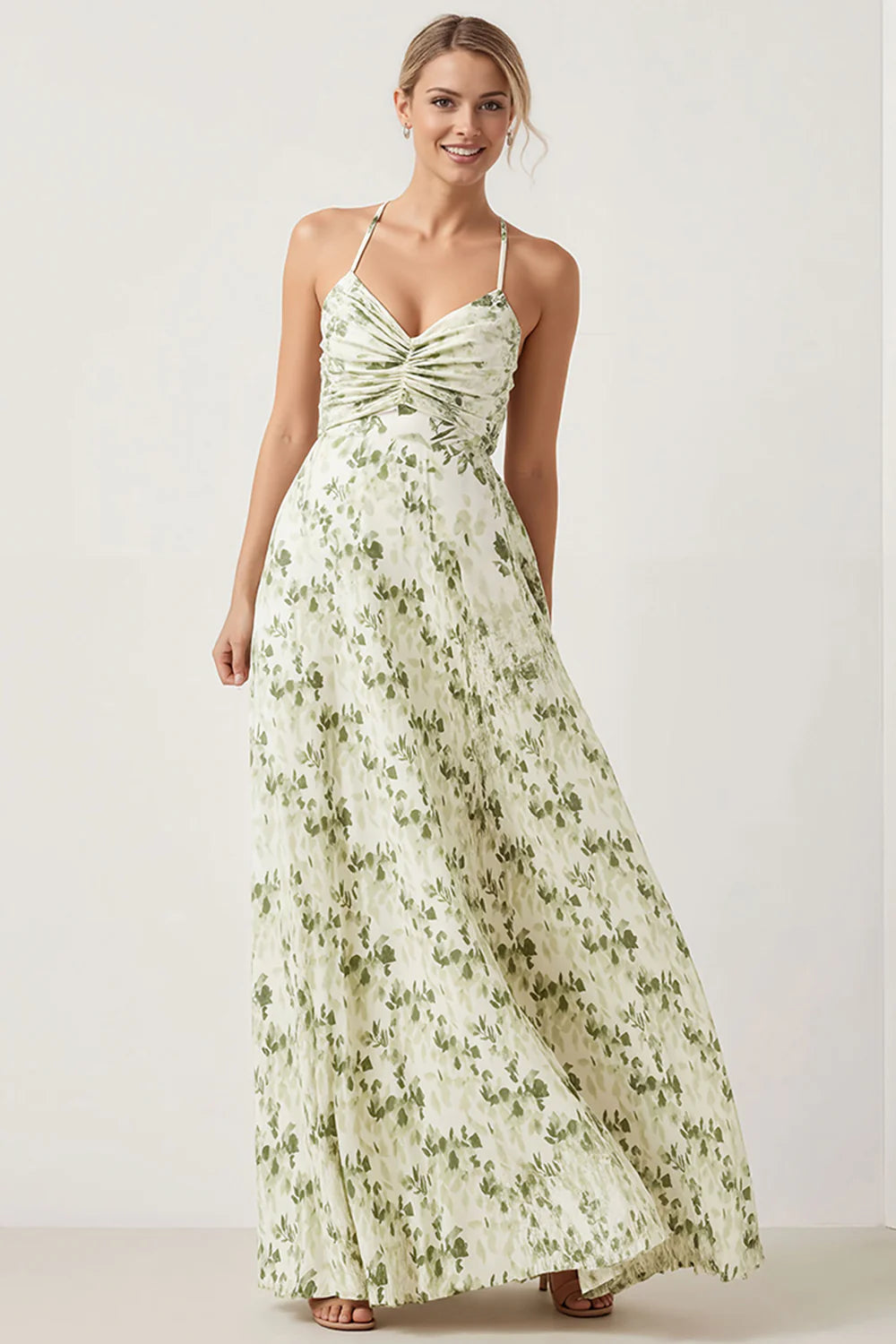 Green Flower A Line Ruched Spaghetti Straps Long Bridesmaid Dress