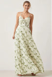 Green Flower A Line Ruched Spaghetti Straps Long Bridesmaid Dress
