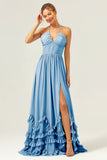 A Line Halter Lace Up Back Chiffon Long Bridesmaid Dress with Slit