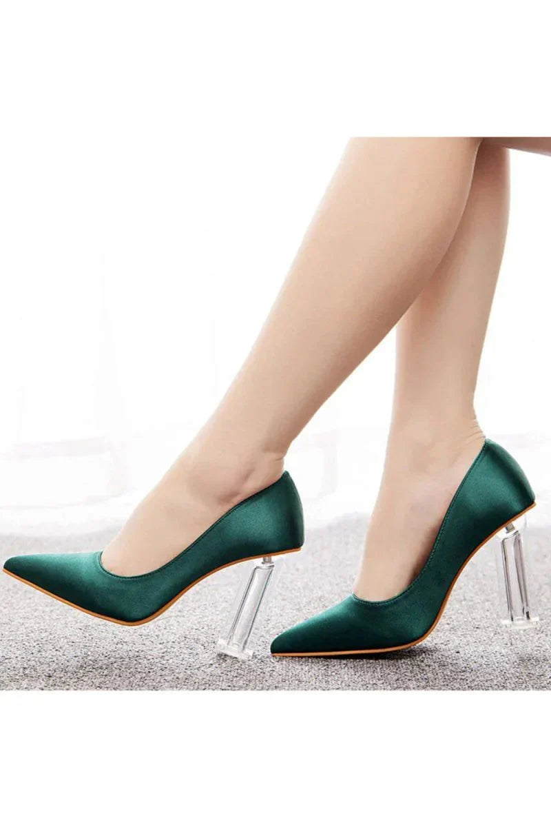 Simple Satin Slip on Pointed Toe Transparent Block Heels