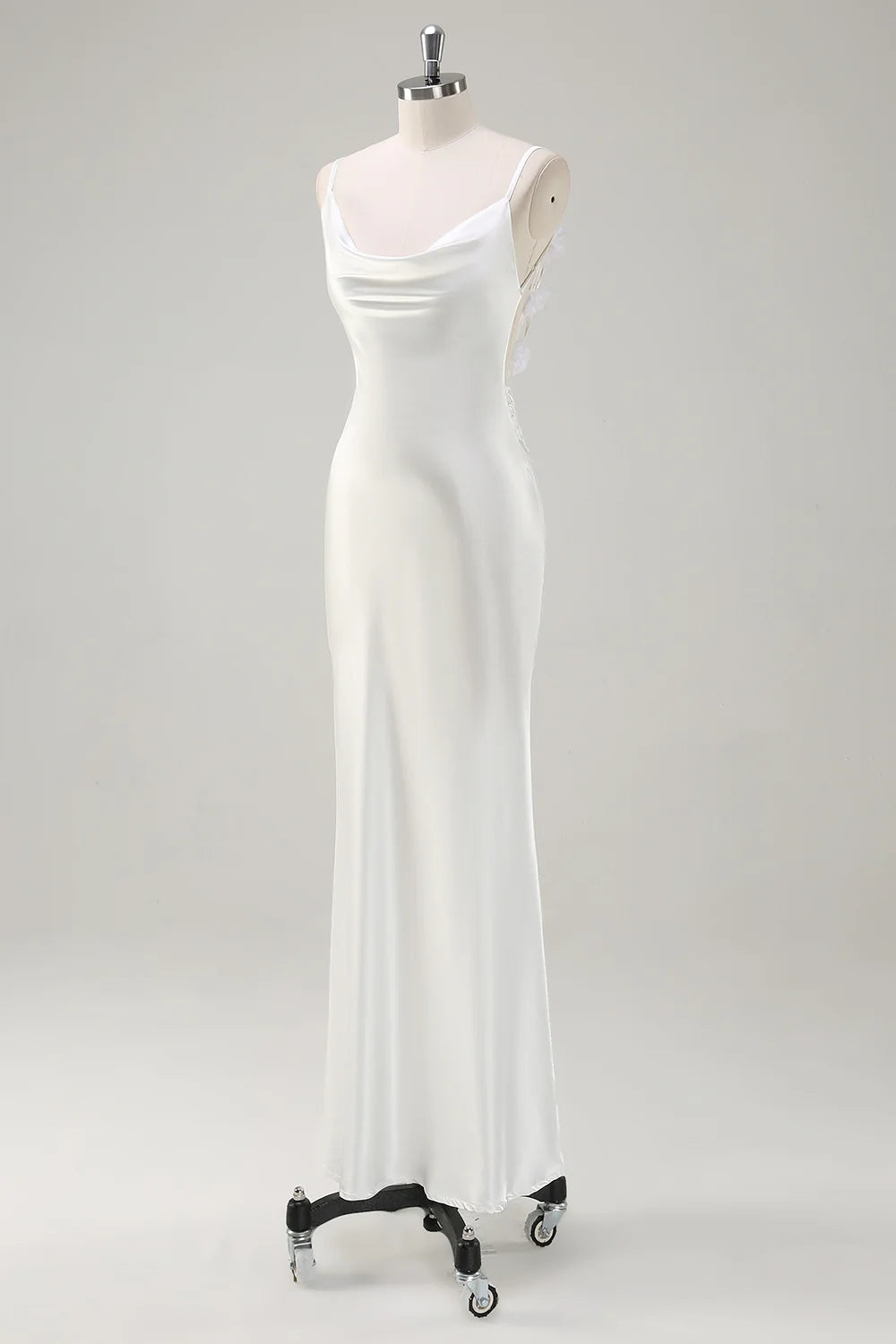 White Mermaid Cowl Neck Spaghetti Straps Backless Long Wedding Dress