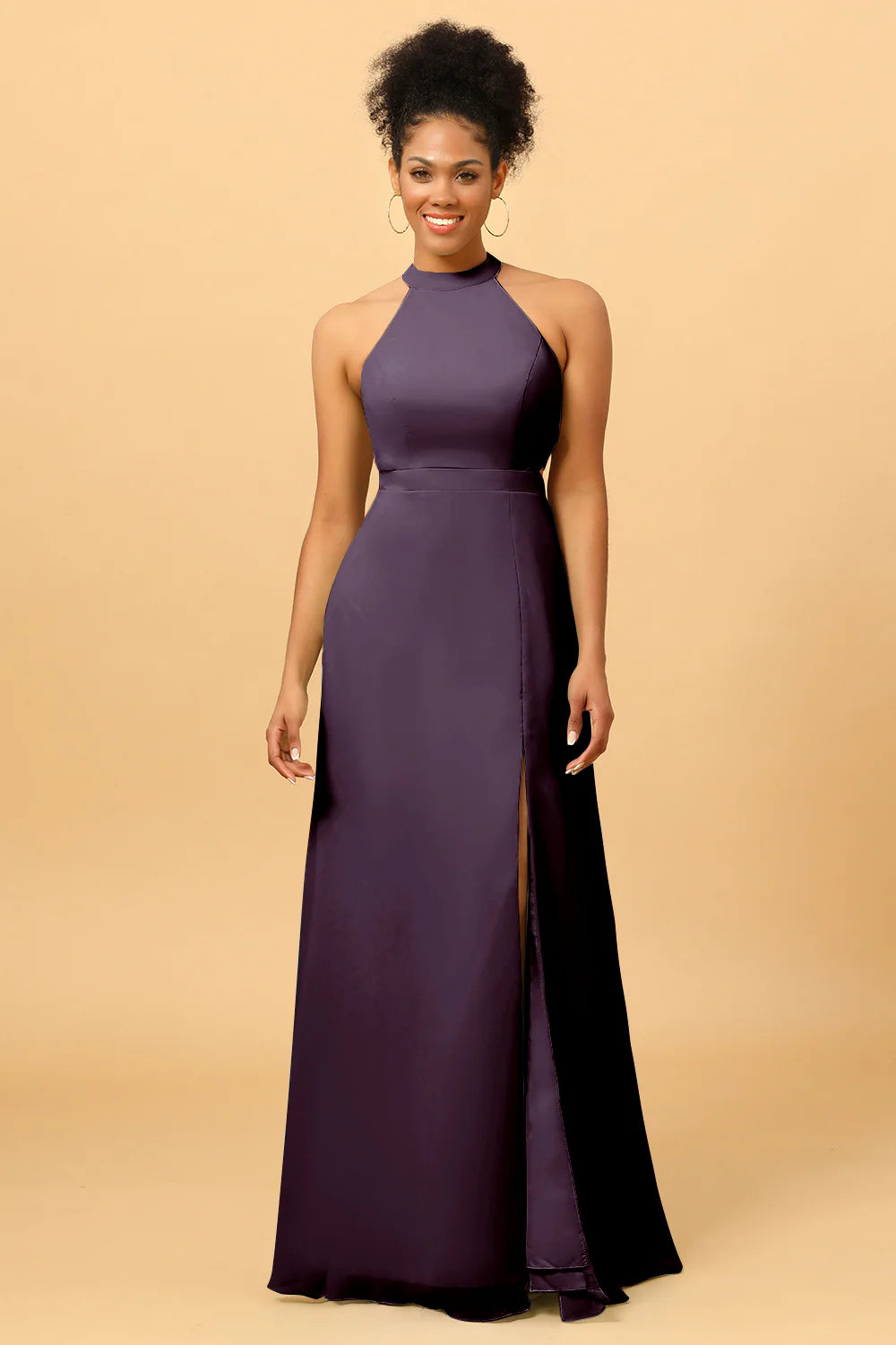 Sheath Halter Floor Length Open Back Chiffon Bridesmaid Dress with Slit