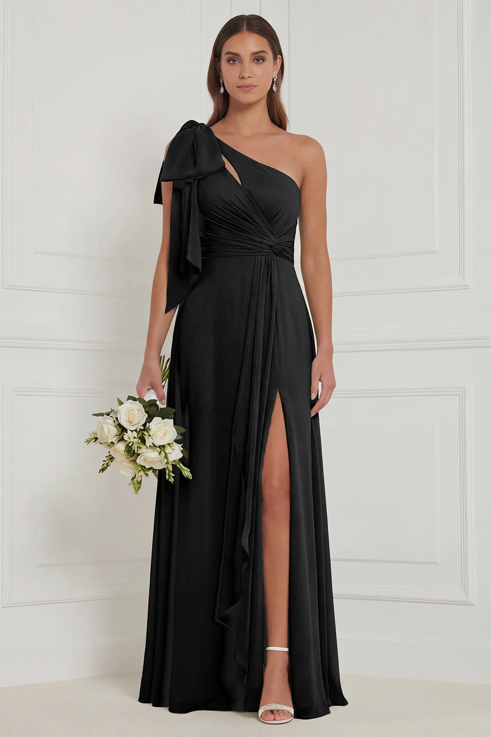 Sage A Line One Shoulder Long Bridesmaid Dress with Slit