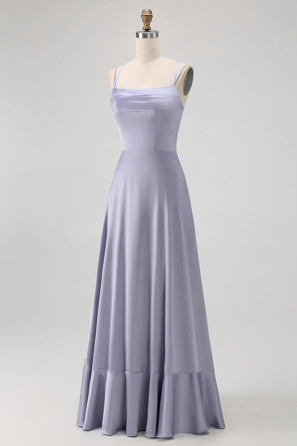 Dusty Blue A Line Satin Long Bridesmaid Dress with Lace Up Back