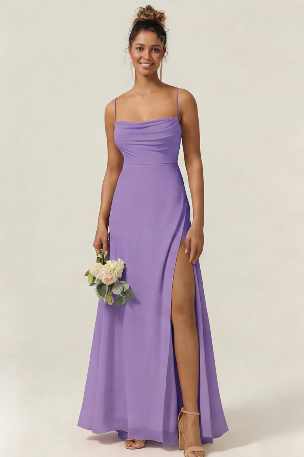 Blue Flower A Line Spaghetti Straps Chiffon Long Bridesmaid Dress with Slit