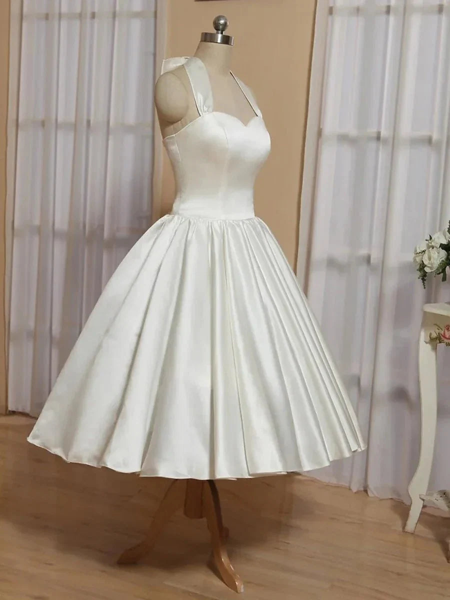White A Line Halter Sleeveless Tea Length Satin Bridal Gowns With Bows Pleats