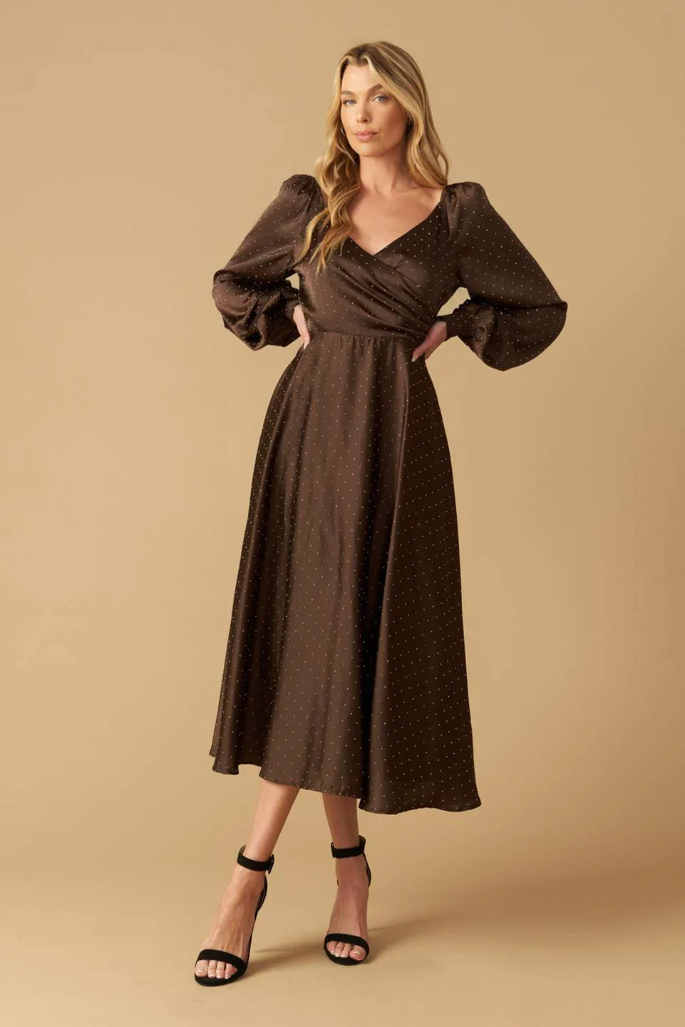 ROMANTIC LOVE BROWN LONG SLEEVE MIDI DRESS FINAL SALE