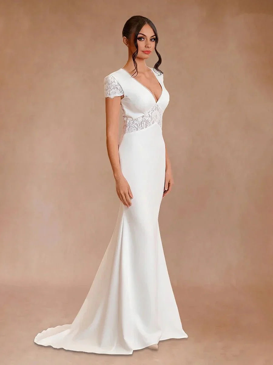 Modest Simple Sheath Short Sleeve Empire Floor Length Sweep Train Chiffon V neck Wedding Dress