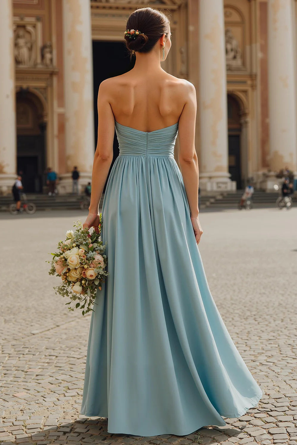 Sweetheart A Line Dusty Blue Pleated Long Bridesmaid Dress
