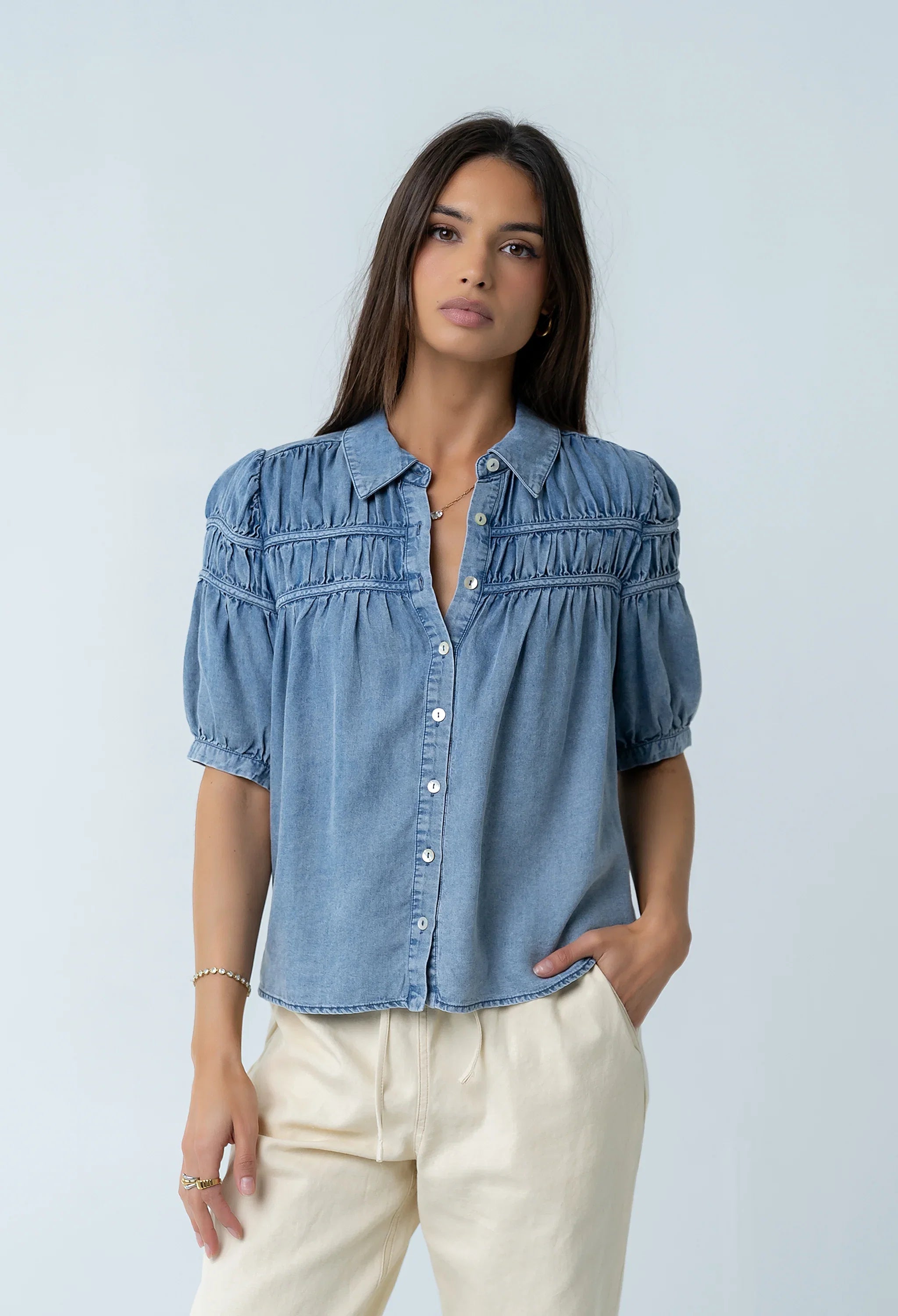 Whitney Button Up Blouse in Medium Wash