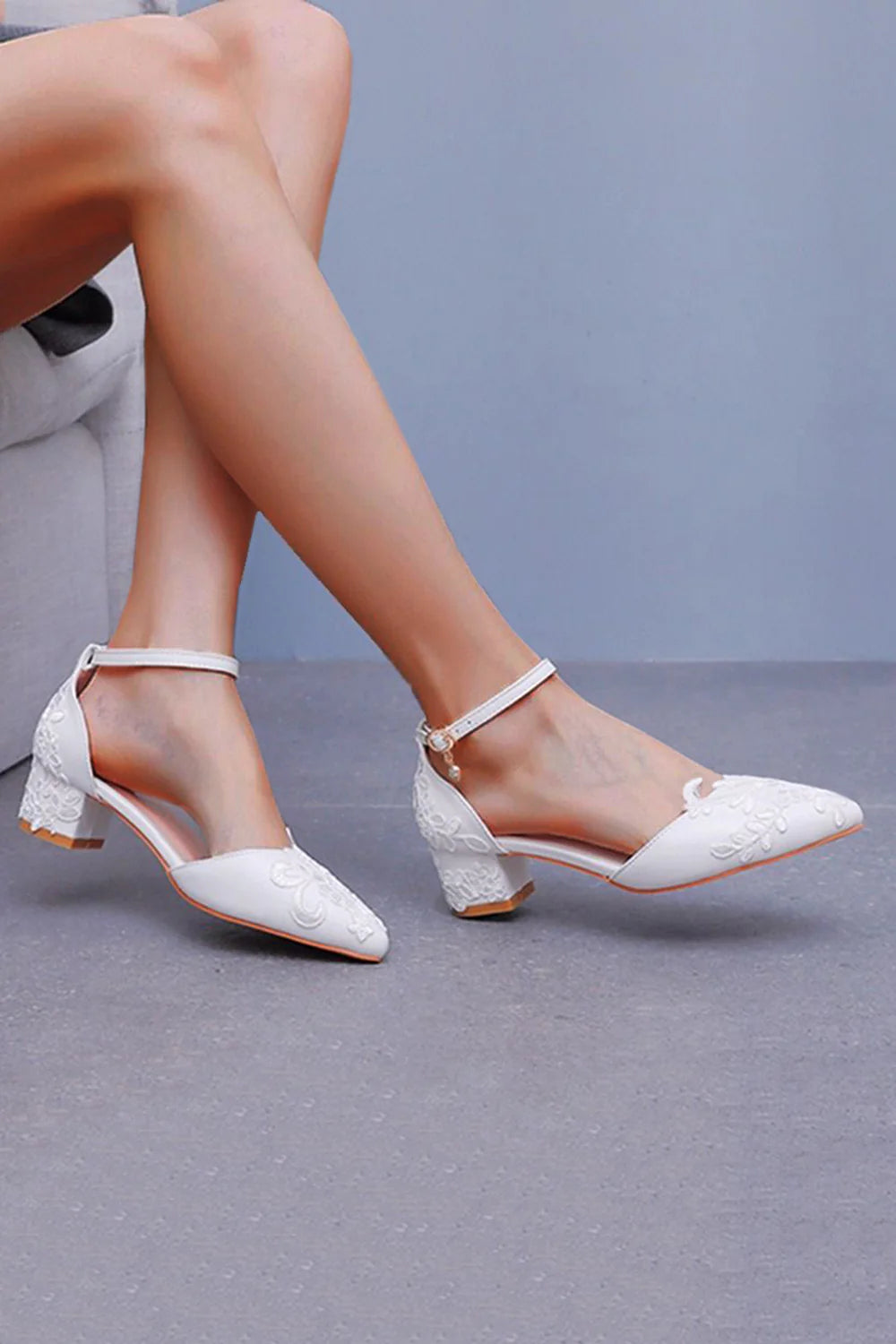 White Floral Embroidered Ankle Strap Block Heel Wedding Shoes
