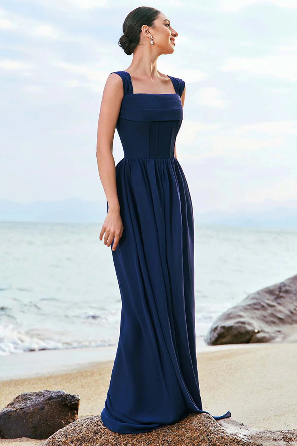 Dark Blue A Line Square Neck Corset Lace Up Back Chiffon Long Bridesmaid Dress
