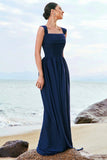 Dark Blue A Line Square Neck Corset Lace Up Back Chiffon Long Bridesmaid Dress