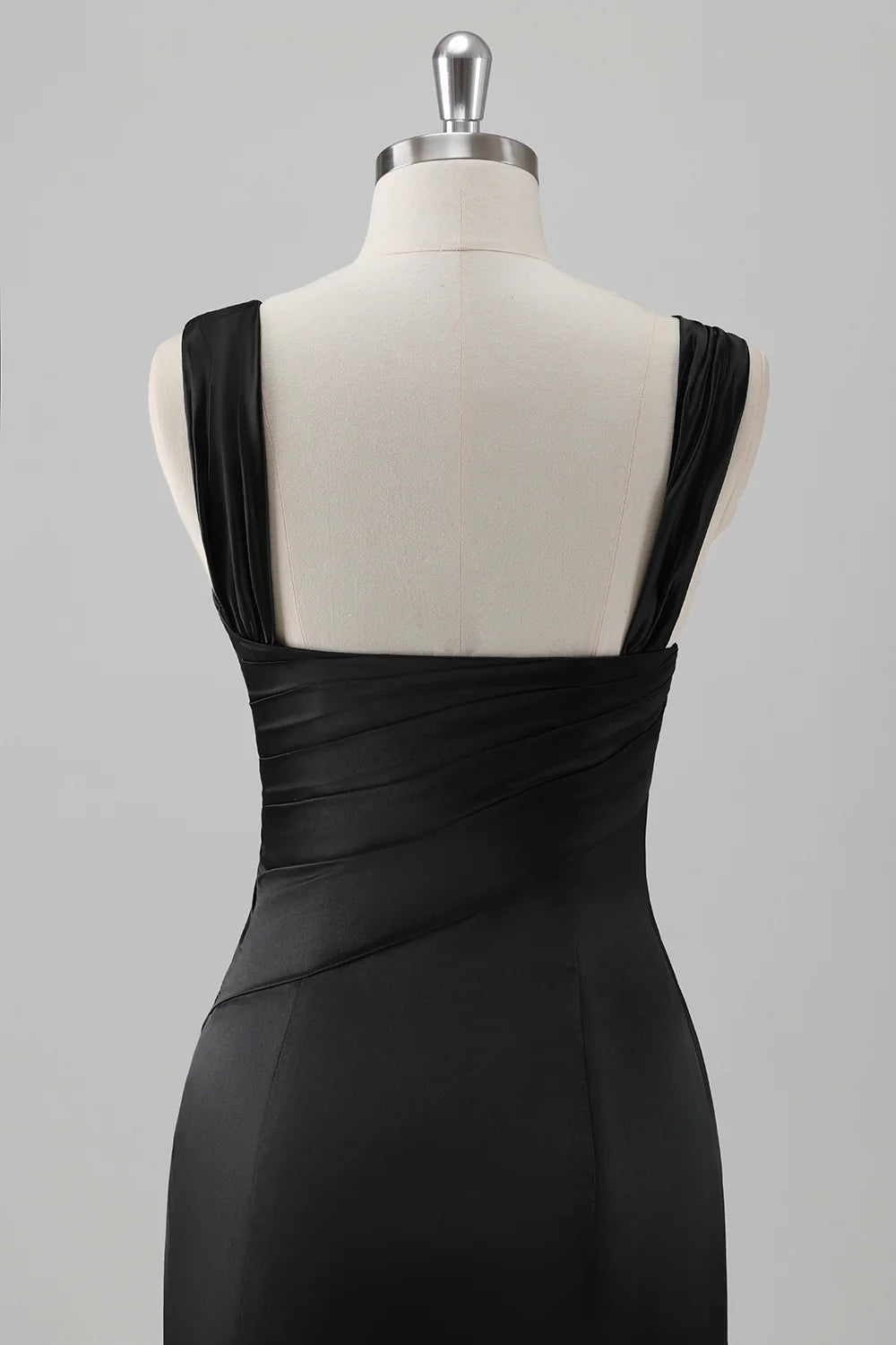 Black Mermaid Pleated Satin Floor Length Bridesmaid Dress with Slit