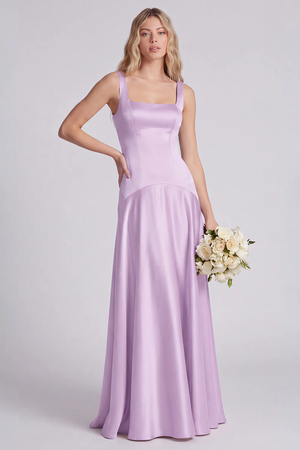 Eucalyptus Square Neck A Line Satin Long Bridesmaid Dress