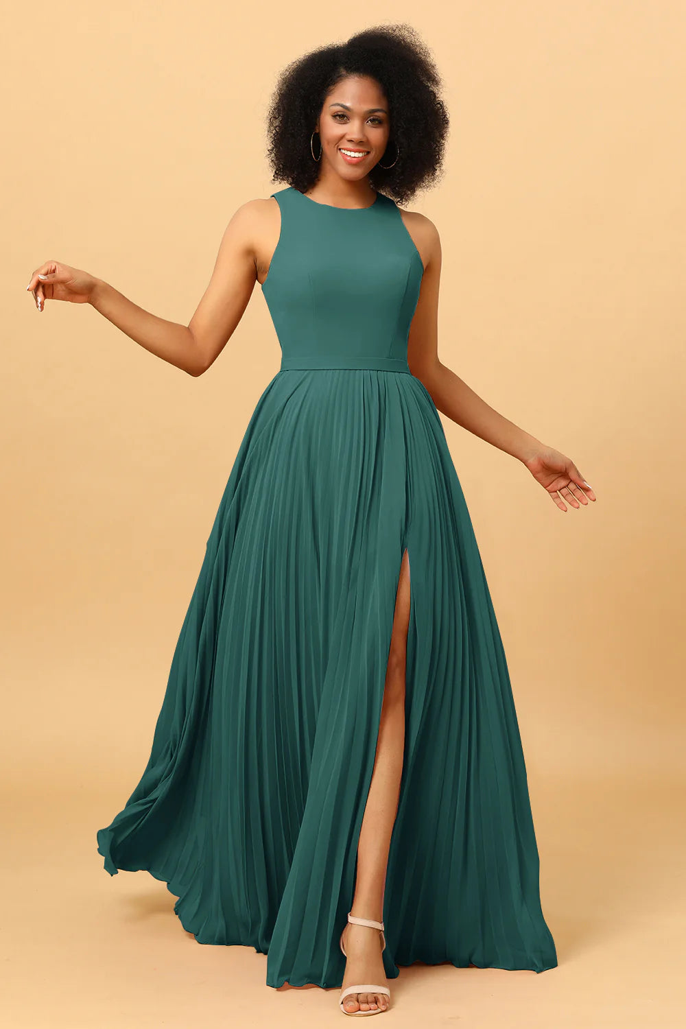 A Line Pleated Long Chiffon Bridesmaid Dress with Ruffles